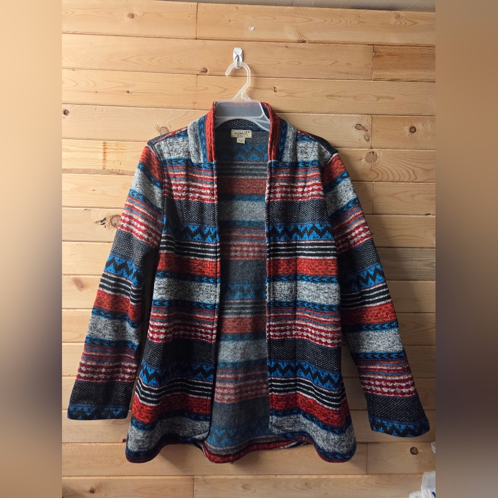 ONE WORLD Womens Vibrant Red Blue & Gray Striped Knit Cardigan EUC Size M
